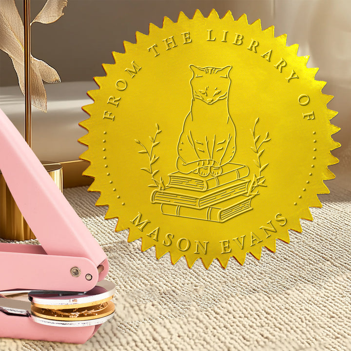 Design SN-9, Custom Ex Libris Book Lover Gift, Design With Cat, Best Seller Book Embosser